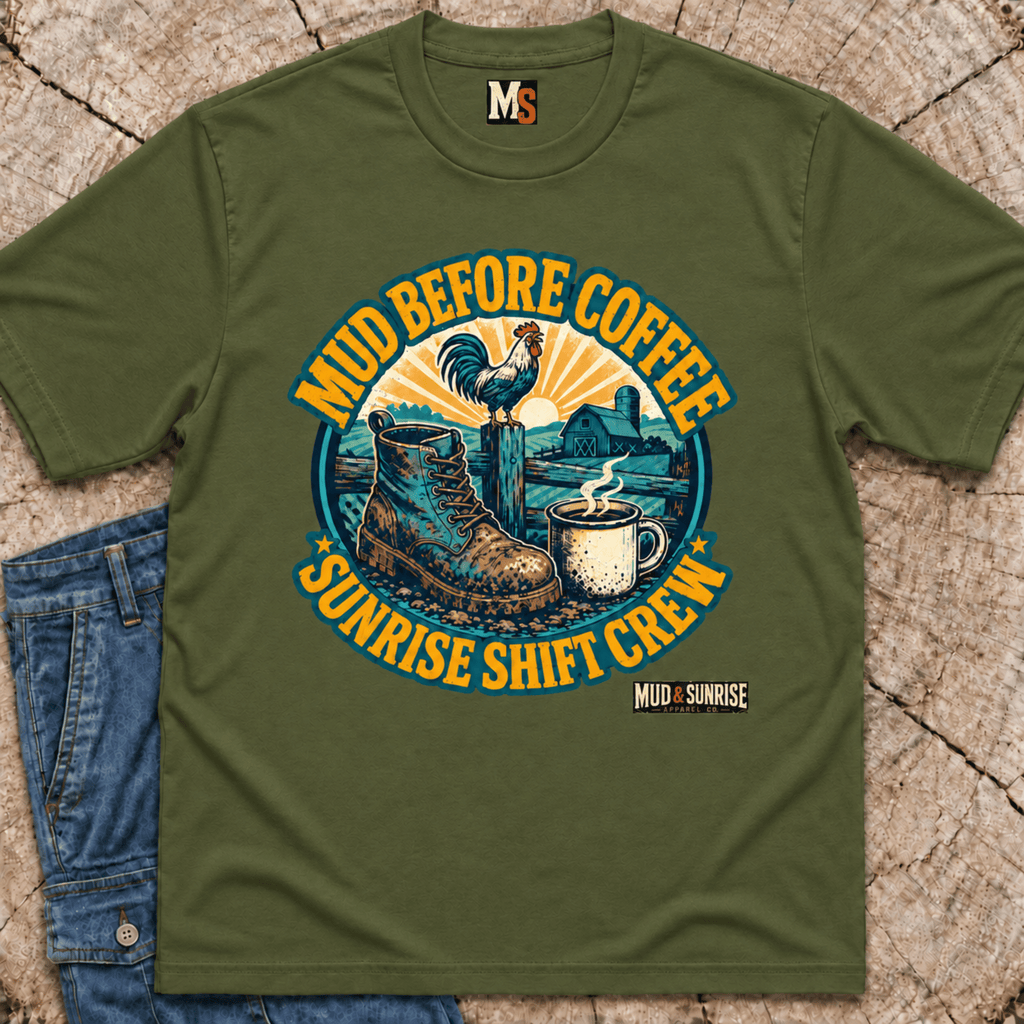 Mud before coffee - sunrise shift crew T-shirt