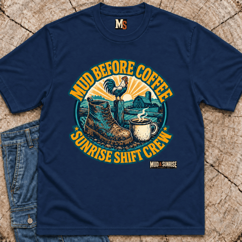 Mud before coffee - sunrise shift crew T-shirt